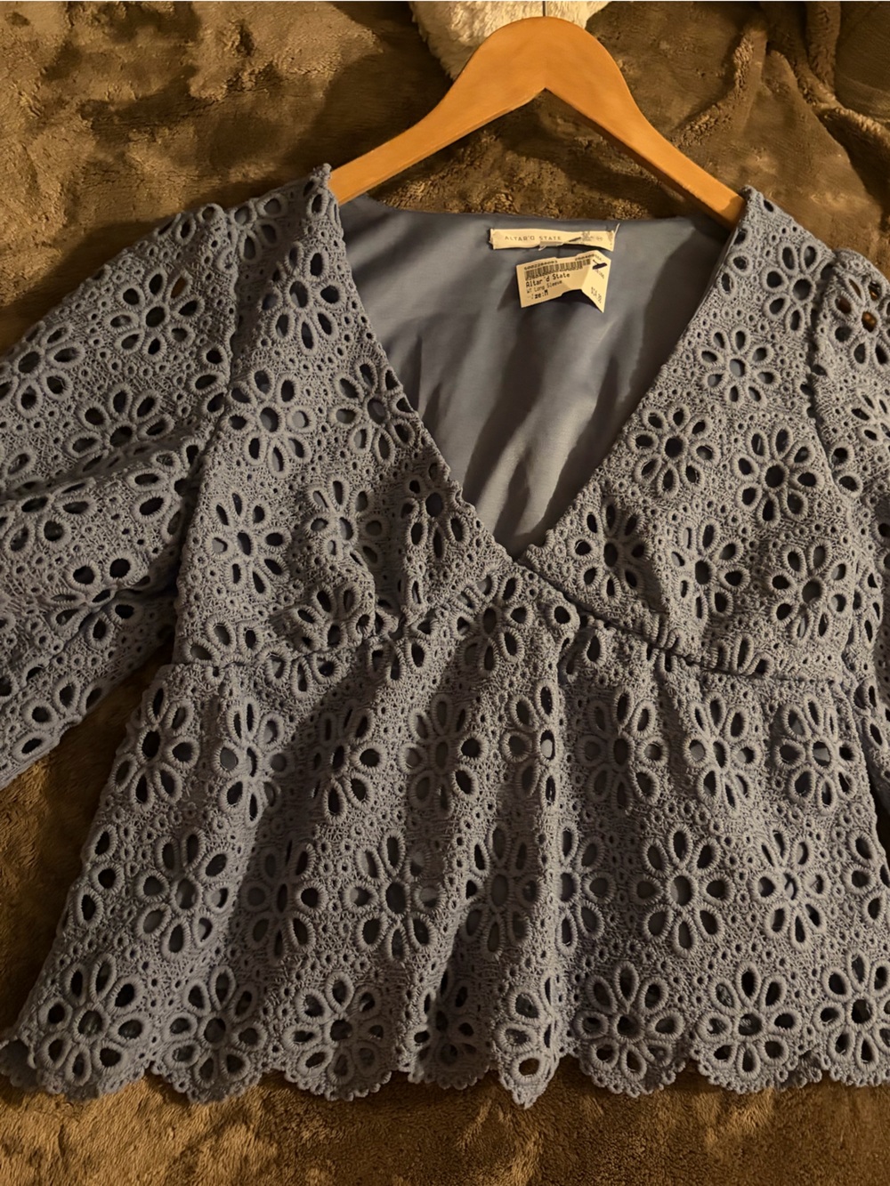 Altar'd State Long Sleeve Blue Crochet V-Neck Peplum Blouse, Size Medium - Picture 9 of 10